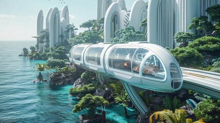 Poster - A sci-fi monorail train in coastal futuristic city, massive white skyscrapers with sci-fi architecture, beautiful blue ocean water, greenery everywhere.