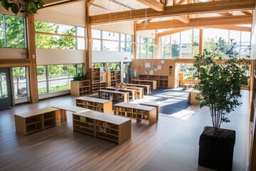 Poster - Innovative classroom design emphasizing environment educational institution interior space modern open viewpoint sustainability