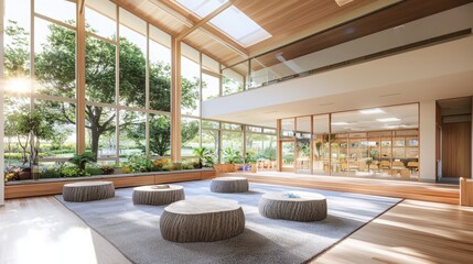 Poster - Innovative classroom design enhancing student wellbeing modern learning environment interior architecture bright and open space wide-angle view educational concept