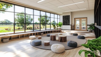 Poster - Innovative classroom design enhancing student well-being in modern educational spaces with open environments and natural light