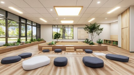 Poster - Innovative classroom design focused on student well-being modern educational environment interior design bright and open space engaging learning concept