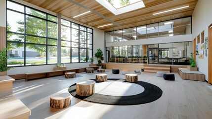 Poster - Innovative classroom design promoting student wellbeing modern educational space interior architecture bright environment wide-angle view collaborative learning concept