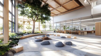 Poster - Innovative classroom design promoting student wellbeing modern educational space interior architecture serene environment natural light learning concept