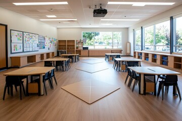 Poster - Innovative classroom design featuring geometric mix layouts modern school educational environment bright and open space creative learning approach