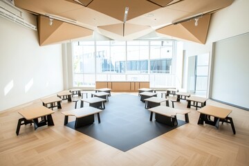 Poster - Innovative classroom design featuring geometric setup modern educational space interior design bright environment wide-angle view collaborative learning concept
