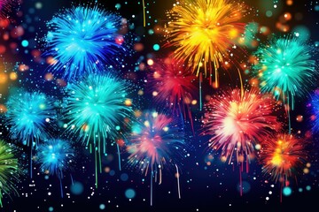 Poster - vibrant fireworks illuminating night sky, creating festive atmosphere with colorful bokeh effect