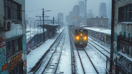 Old railway station in the snow, graffiti on the walls, a green train passing through the city industrial area with bright yellow lights.