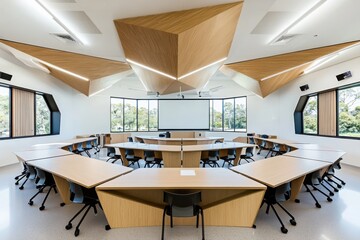 Poster - Innovative classroom design featuring geometric layouts in a modern educational space with natural light