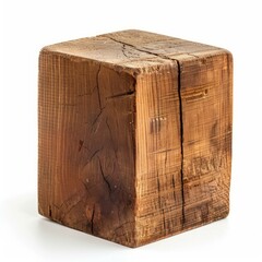 Poster - Rustic wooden block isolated on white background, showing natural cracks and texture