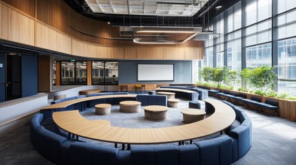 Poster - Innovative classroom design featuring a giant oval arrangement modern educational space interior architecture bright and open environment wide-angle view collaborative learning concept