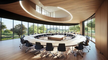 Poster - Innovative classroom design featuring giant oval arrangement modern educational space collaborative environment panoramic view inspiring learning concept