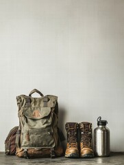Poster - Essential backpacking gear including a hiking backpack, boots, and water bottle for adventurers in nature. Generative AI