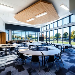 Poster - Innovative classroom design utilizing socratic method modern educational space circular layout bright environment wide-angle view engaging learning concept