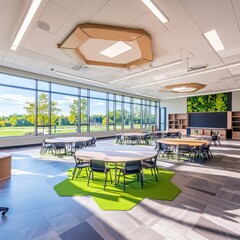 Poster - Innovative classroom design with socratic method approach modern educational space learning environment open and bright setting engaging concept