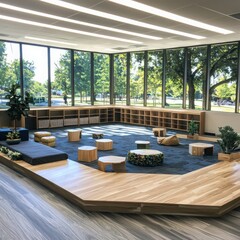 Poster - Innovative classroom design with sensory experiences modern educational space interior design collaborative environment wide-angle view enhancing learning