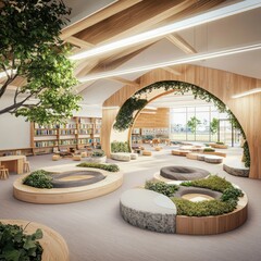 Poster - Innovative classroom design with sensory experiences for enhanced learning modern educational space interior architecture bright environment wide angle view engaging concept