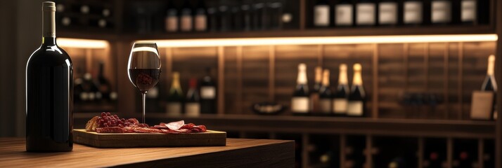 Poster - Elegant wine cellar with vintage bottles and tasting table featuring red wine and charcuterie board. Generative AI