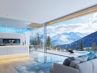Poster - Modern smart home automation with integrated security systems mountain view interior design cozy environment wide-angle perspective innovative technology