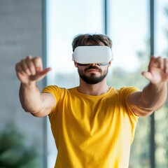 Poster - Virtual reality experience in smart home automation indoor setting technology showcase modern lifestyle engaging perspective