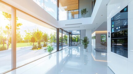 Poster - Smart home automation system featuring voice-controlled technology in modern living space bright and airy environment interior viewpoint innovative concept