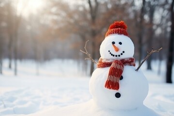 Poster - Snowman with carrot nose, coal eyes and twig arms wearing a knitted red hat and scarf enjoying a winter day