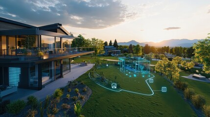 Poster - Outdoor smart home automation integration modern residential area digital landscape evening environment aerial view innovative technologies
