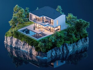 Poster - Smart home maintenance alert system modern house digital architecture isolated island aerial view innovative living