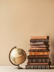 Poster - Classic globe alongside neatly stacked travel guidebooks for exploring new destinations. Generative AI