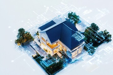 Poster - Smart home technology implementation residential area digital architecture modern environment aerial view data security focus