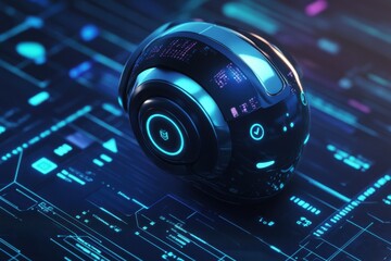 Poster - Futuristic spherical device illuminated by blue light on a digital interface with glowing patterns