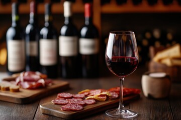 Poster - Elegant wine cellar featuring vintage bottles, a tasting table, and a charcuterie board with red wine. Generative AI