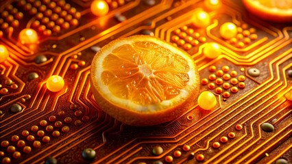 Poster - Glowing Orange Circuit Board with Digital Symbols - Abstract Food Photography
