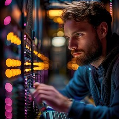 Poster - Telecommunications engineer sitting in front of an edge switch router with a laptop.