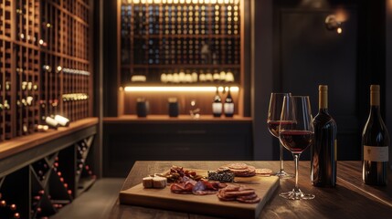 Poster - Elegant wine cellar featuring vintage bottles and a tasting table with red wine and charcuterie board. Generative AI