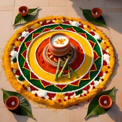 Wall Mural - Pongal Rangoli with Milk and Sugarcane