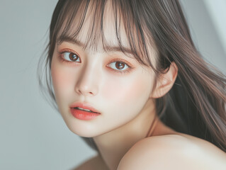 Aufkleber - 美肌の若くて可愛いアジア人女性モデルの美容ポートレート。ナチュラルメイクの素敵な女性。