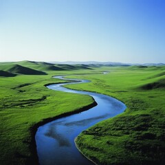 Canvas Print - Serpentine river meandering through lush green grassland under a clear blue sky.