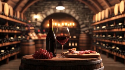 Poster - Elegant wine cellar featuring vintage bottles and a tasting table with red wine and charcuterie board. Generative AI