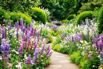 Wall Mural - A vibrant garden with a pathway surrounded by vivid flowers in pink, purple, and white tones, lush green shrubs, and trees. Nature and serenity concept. Ai generative