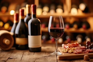 Poster - Elegant wine cellar showcasing vintage bottles with tasting table featuring red wine and charcuterie board. Generative AI
