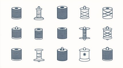 Wall Mural - Minimalist thread spool icons, clean line art style, monochromatic design, geometric shapes, repeating patterns, white background, professional vector illustration, graphic design elements, simple