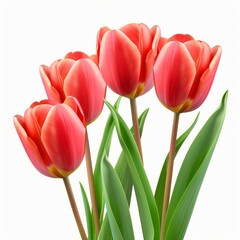 Wall Mural - Four red tulips are blooming, showcasing their vibrant color and delicate petals against a clean white backdrop