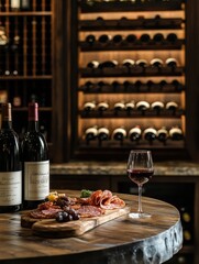 Poster - Elegant wine cellar featuring vintage bottles, a tasting table, and a charcuterie board with red wine. Generative AI