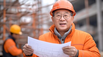 Poster - A construction worker in an orange helmet smiles while holding blueprints, with scaffolding in the background.