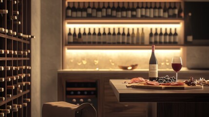 Poster - Elegant wine cellar with vintage bottles and a tasting table featuring red wine and charcuterie board. Generative AI