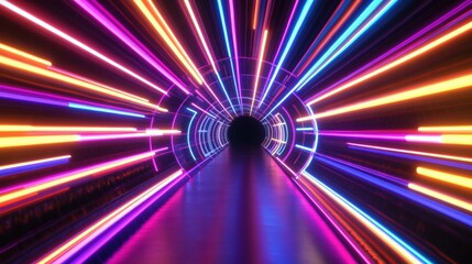 Poster - abstract 3d render of neon light motion in a vibrant tunnel background with dynamic lines and colorf