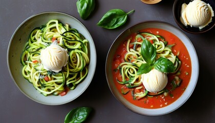 Delicious Zucchini Noodles with Fresh Basil and Creamy Topping in Two Stylish Bowls