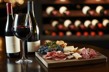 Poster - Elegant wine cellar featuring vintage bottles and a tasting table with red wine and a charcuterie board for an exquisite experience. Generative AI