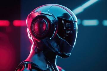 Poster - Advanced robotic helmet design featuring futuristic aesthetics and neon lighting