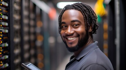 Poster - It specialist smiling and holding tablet in server room